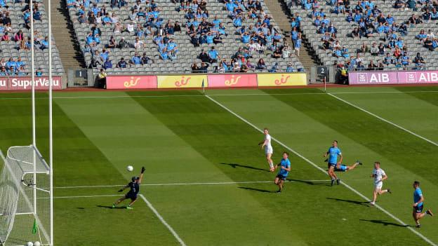 Daniel Flynn of Kildare scores a goal past Dublin goalkeeper Evan Comerford during the Leinster GAA Football Senior Championship Final. 