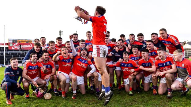 Fintan Burke of St Thomas', 3, and his team-mates celebrate with the cup after their victory in the Galway County Senior Club Hurling Championship Final match between Clarinbridge and St Thomas' at Pearse Stadium in Galway. 