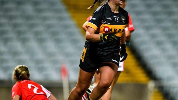 Laura Fitzgerald of Mourneabbey celebrates after scoring a point for her side during the 2019 All-Ireland Ladies Senior Club Championship Final match between Kilkerrin-Clonberne and Mourneabbey at LIT Gaelic Grounds in Limerick.