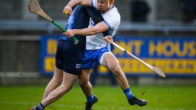 Jack Prendergast of Waterford is tackled by Dublin goalkeeper Seán Brennan, resulting in a black card for the Dublin player, during the Allianz Hurling League Division 1 Group B match between Dublin and Waterford at Parnell Park in Dublin.