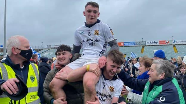 St. Joseph's, Tulla captain, Rory O'Connor, is chaired off the pitch after his team's victory over Ard Scoil Rís in the Harty Cup Final. 
