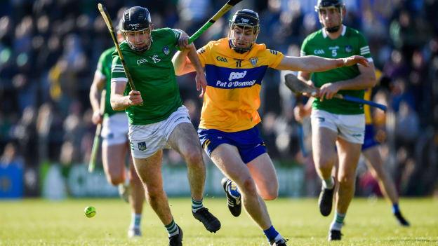 Tony Kelly of Clare is tackled by Ronan Connolly of Limerick during the Allianz Hurling League Division 1 Group A match between Clare and Limerick at Cusack Park in Ennis, Clare. 
