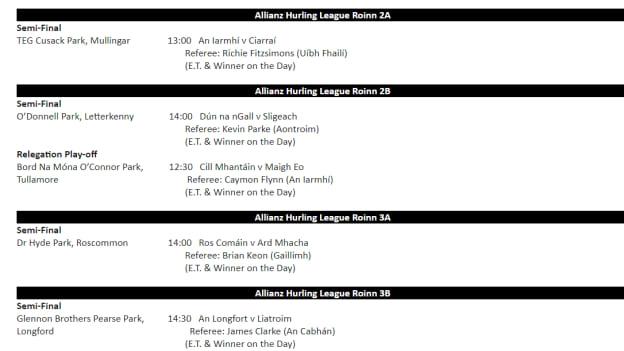 Referees for this weekend's Allanz Hurling League Divisions 2A, 2B, 3A, and 3B matches.