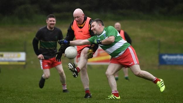Seamus McMahon in action against Darren McGovern at the GAA for Dads & Lads Launch at St. Patricks GFC in Donagh, Fermanagh. 