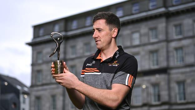 PwC GAA/GPA Player of the Month for April in hurling, Diarmaid Byrnes of Limerick, with his award at Eyre Square in Galway. 