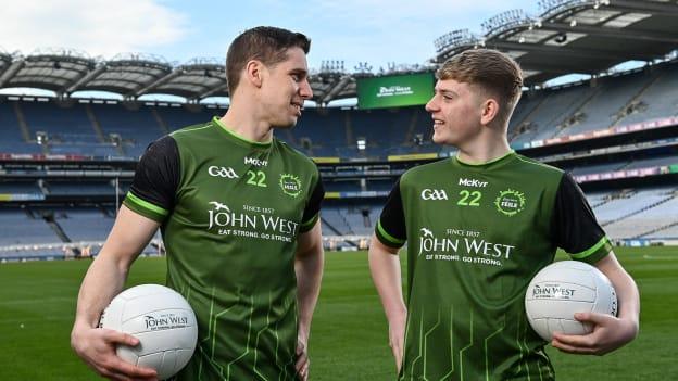 John West GAA Féile Ambassador and Mayo footballer Lee Keegan, left, and Killian Green of Whitehall Colmcille prior to the John West GAA Féile Peile na nÓg Gaelic football and Ladies football Finals 2022, which take place across nine venues in Kildare and Dublin on Saturday. Eighty-eight club sides from Ireland, the UK, Europe and US will compete.