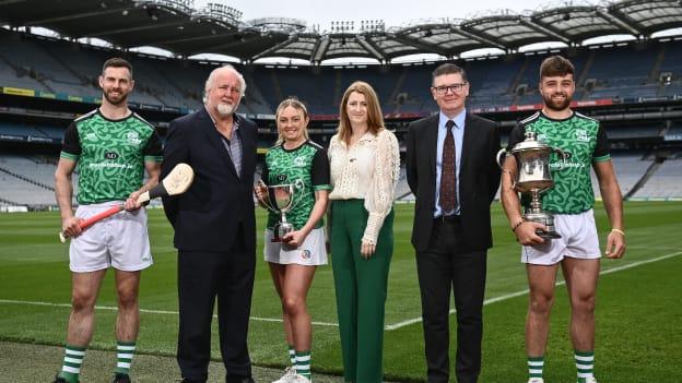 Left to right, Antrim hurler Neil McManus, All-Ireland Poc Fada sponsor Martin Donnelly, Antrim Camogie player Roisín McCormick, Camogie Association President Hilda Breslin, GAA Ard Stiúrthóir Tom Ryan, reigning Men's All-Ireland Poc Fada champion, Colin Ryan. 