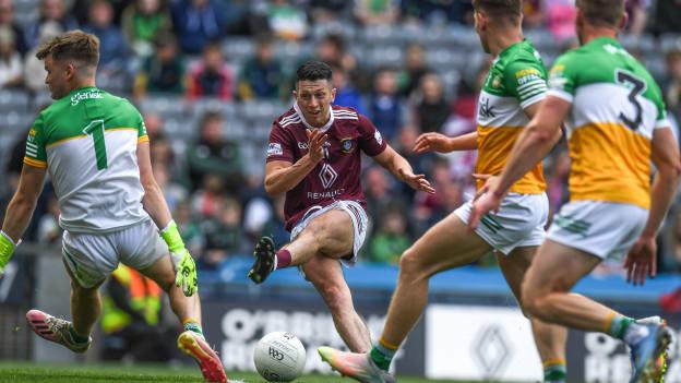 Ronan O'Toole of Westmeath having his shot on goal saved by Offaly goalkeeper Paddy Dunican during the Tailteann Cup Semi-Final match between Westmeath and Offaly at Croke Park in Dublin. 