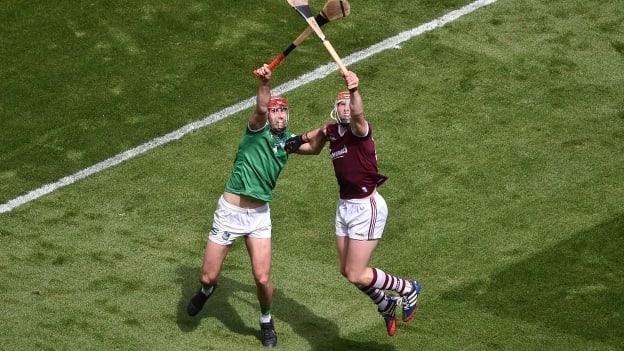 Limerick's Barry Nash contests a high ball with Galway's Conor Whelan in the 2022 All-Ireland SHC semi-final. 