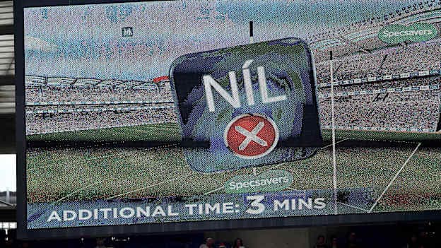 The scoreboards indicates a 'NÍL' during the GAA Football All-Ireland Senior Championship Semi-Final match between Derry and Galway at Croke Park in Dublin. Shane Walsh of Galway had kicked a 38th minute free during the GAA Football All-Ireland Senior Championship Semi-Final match between Derry and Galway at Croke Park in Dublin. The point was initially allowed, then disallowed and was again awarded following a review of HawkEye at half time.