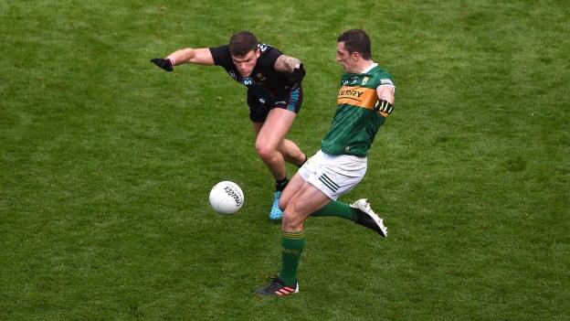 David Moran of Kerry in action against Jordan Flynn of Mayo during the 2022 GAA Football All-Ireland Senior Championship Quarter-Final match between Kerry and Mayo at Croke Park, Dublin. 