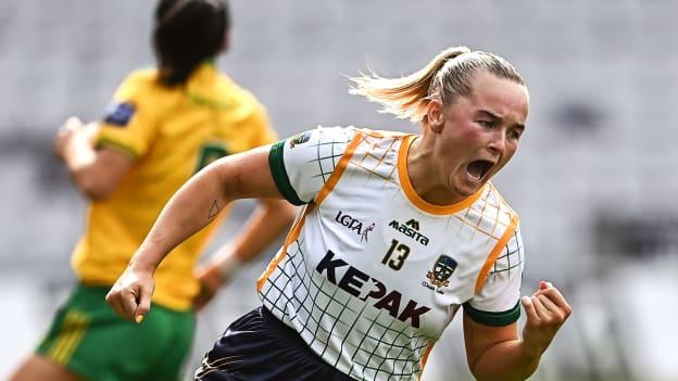 Vikki Wall of Meath shoots to score a point during the TG4 All-Ireland Ladies Football Senior Championship Semi-Final match between Donegal and Meath at Croke Park in Dublin. 