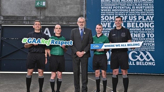 In attendance during the GAA Referees Respect Day at Croke Park in Dublin are, from left, Referee Colm Lyons, Referee David Coldrick, Uachtarán Chumann Lúthchleas Gael Larry McCarthy, Referee Thomas Gleeson and Referee Sean Hurson.