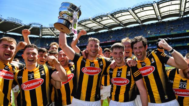 Kilkenny captain Mick Malone holds the cup aloft as he celebrates with teammates after their side's victory in the GAA Football All-Ireland Junior Championship Final match between Kilkenny and New York at Croke Park in Dublin. 