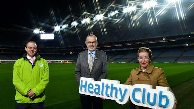 Uachtarán Chumann Lúthchleas Gael Larry McCarthy, centre, with head of Healthy Ireland Tom James and Communications Officer of Get Ireland Walking Linda Sankey during the Launch of Ireland Lights Up 2022 in partnership with RTÉ’s Operation Transformation and Get Ireland Walking at Croke Park in Dublin. 