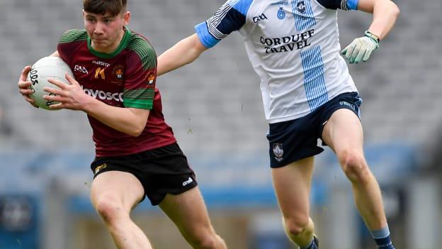 Adam Loughran of St Ronan's College in action against Eoghan McLaughlin of Rice College during the Masita GAA All Ireland Post Primary Schools Hogan Cup Final match between Rice College Westport and St Ronan's College Lurgan at Croke Park in Dublin. 