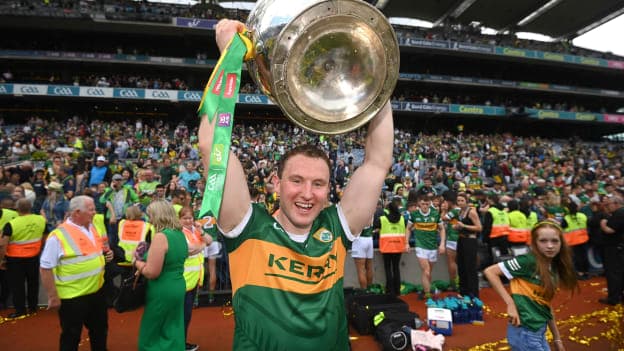 Tadhg Morley hoists the Sam Maguire Cup following Kerry's All-Ireland SFC Final win over Galway at Croke Park.