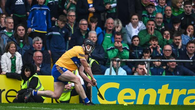 Tony Kelly of Clare scores a point from a sideline cut, with the last score of the second half to equalise and send the match to extra-time, during the Munster GAA Hurling Senior Championship Final match between Limerick and Clare at FBD Semple Stadium in Thurles, Tipperary.