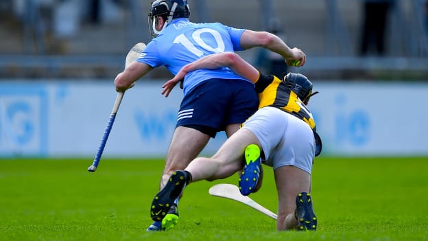 Danny Sutcliffe of Dublin is fouled by Darragh Corcoran of Kilkenny during the 2021 Allianz Hurling League Division 1 Group B Round 1 match between Dublin and Kilkenny at Parnell Park in Dublin. 