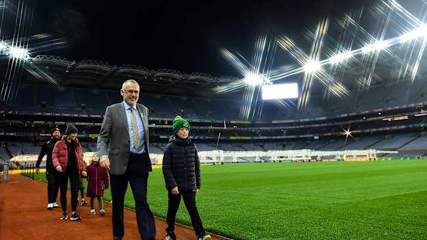 Uachtarán Chumann Lúthchleas Gael Larry McCarthy with Danny Byrne, age 10, from Thomas Davis GAA during the Launch of Ireland Lights Up 2022 in partnership with RTÉ’s Operation Transformation and Get Ireland Walking at Croke Park in Dublin. 