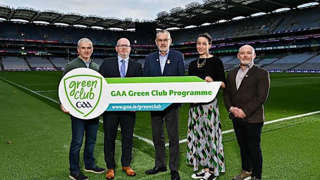 In attendance during the 2022 GAA Green Club Toolkit Launch were, from left, Chair of the GAA Green Club Steering Committee Padraig Fallon, Waste Management Planning Regional Co-Ordinator Hugh Coughlan, Uachtarán Chumann Lúthchleas Gael Larry McCarthy, GAA Green Club Sustainability Advisor Dr Míde Ní Shúilleabháin and GAA Youth Leadership & Sustainability Manager Jimmy D’Arcy, at Croke Park in Dublin. 