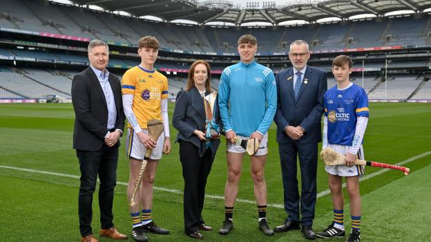 In attendance, from left, are Shane Flanagan, Director of Coaching & Games, GAA, Wicklow Gold hurler Feilim Lynch Ward, Sarah Sharkey, Group Sponsorship & PR Manager for Electric Ireland, Kilkenny hurler Darragh Corcoran, Uachtarán Chumann Lúthchleas Gael Larry McCarthy and Wicklow Blue hurler Finian Hughes at the 2023 Electric Ireland Celtic Challenge launch at Croke Park in Dublin.