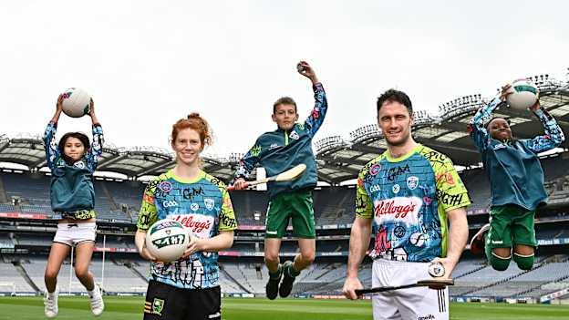 In attendance at the launch of the 2023 Kellogg’s GAA Cúl Camps are, from left, Patricia Grace Pop, aged 7, Kerry footballer Louise Ni Mhuircheartaigh, Karson Butler, aged 12, Galway hurler David Burke and Fortune Beta, aged 12. Starting at the beginning of June and running up to the end of August, Kellogg’s GAA Cúl Camps have long played a vital role in helping young people to explore new interests, stay active as well as creating new and meaningful life-long friendships. For more information and to book now, visit www.gaa.ie/kelloggsculcamps. Photo by Sam Barnes/Sportsfile