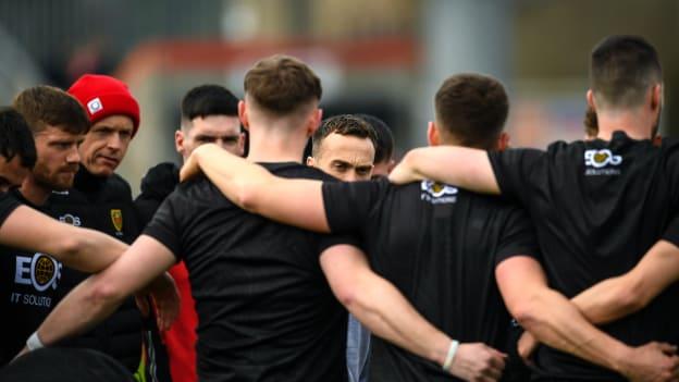 Down manager Conor Laverty, centre, talks to his players before during the Ulster GAA Football Senior Championship Quarter-Final match between Down and Donegal at Pairc Esler in Newry, Down. Photo by Philip Fitzpatrick/Sportsfile