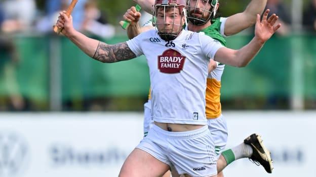 Declan Flaherty, Kildare, and Ben Conneely, Offaly, in Joe McDonagh Cup action. Photo by Stephen Marken/Sportsfile