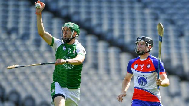 Seán Howlin of London in action against James Breen of New York in the 2019 Renault GAA World Games Mens Hurling Native Cup Final.