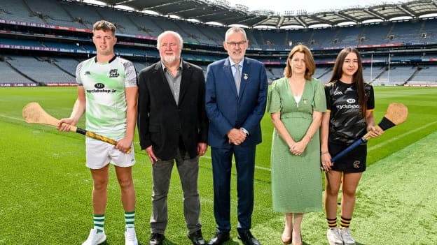Left to right, reigning M.Donnelly All-Ireland Poc Fada senior men's champion, Killian Phelan, competition sponsor, Martin Donnelly, Uachtarán Cumann Luthchleas Gael, Larry McCarthy, Uachtarán an Cumann Camógaíochta, Hilda Breslin, and 2023 Leinster Senior Camogie Poc Fada champion, Hazel Austin, pictured at the launch of the M. Donnelly 2023 All-Ireland Poc Fada Finals.  