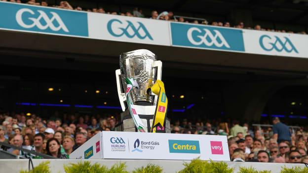 The Liam MacCarthy Cup with Limerick and Kilkenny colours before the 2022 All-Ireland SHC Final at Croke Park. Photo by Ray McManus/Sportsfile