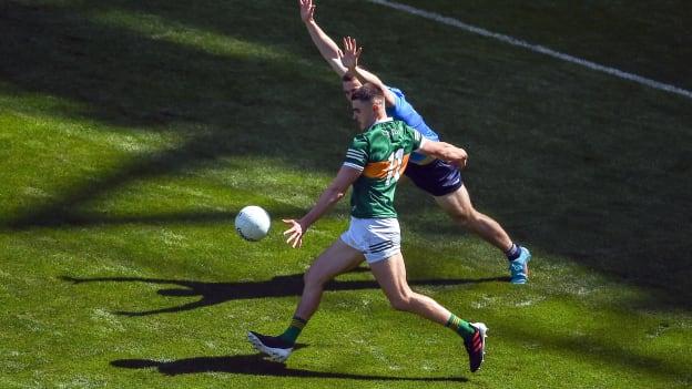Seán O'Shea, Kerry, and John Small, Dublin, in action during the 2022 All-Ireland SFC Semi-Final at Croke Park. Photo by Daire Brennan/Sportsfile