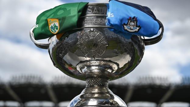 The Sam Maguire Cup and Dublin and Kerry jerseys pictured ahead of the All-Ireland SFC Final at Croke Park on Sunday. Photo by David Fitzgerald/Sportsfile