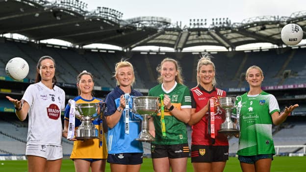 In attendance at the 2023 TG4 All-Ireland Ladies Football Championship Finals Captains Day are, from left, Grace Clifford of Kildare, Caoimhe Harvey of Clare, Carla Rowe of Dublin, Síofra O'Shea of Kerry, Meghan Doherty of Down and Róisin Ambrose of Limerick at Croke Park in Dublin. Photo by Sam Barnes/Sportsfile