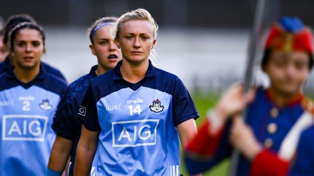 Dublin captain Carla Rowe leads her team-mates in the parade before the TG4 LGFA All-Ireland Senior Championship semi-final match between Dublin and Cork at Semple Stadium in Thurles, Tipperary. Photo by Piaras Ó Mídheach/Sportsfile.