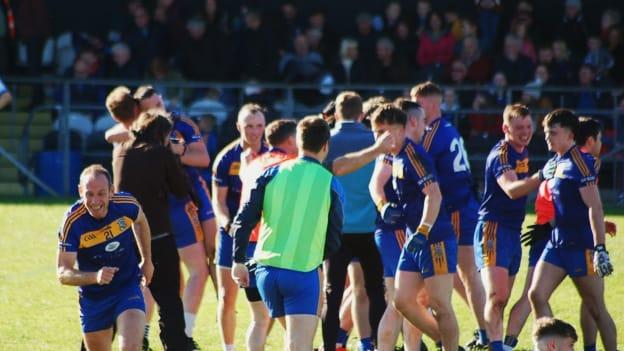 Easkey player and selector, Noel McGuire, left, runs to celebrate after their Sligo Intermediate Football Final victory on Sunday. 