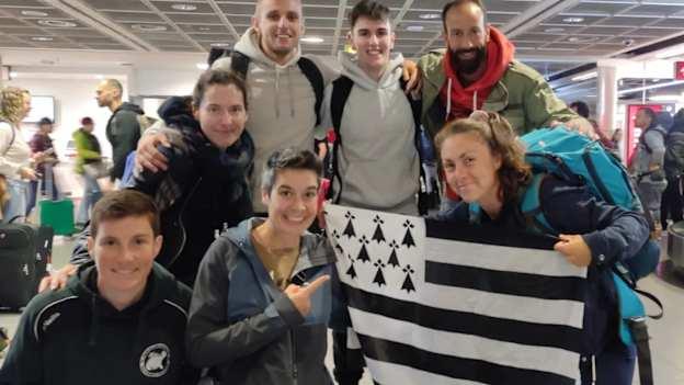 Ewan Duval, pictured centre, and his L'Orient teamates on their way to the GAA World Games in Derry. 