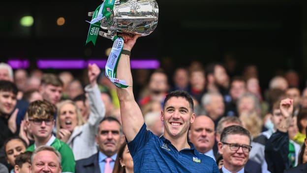 Seán Finn lifts the Liam MacCarthy Cup following the 2023 All-Ireland SHC Final at Croke Park. Photo by Ramsey Cardy/Sportsfile