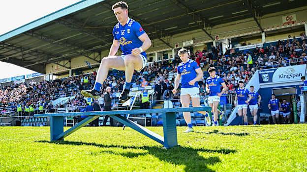 Ciarán Brady of Cavan leads his side out for the team photograph before the Ulster GAA Football Senior Championship quarter-final match between Cavan and Tyrone at Kingspan Breffni in Cavan. Photo by Seb Daly/Sportsfile.