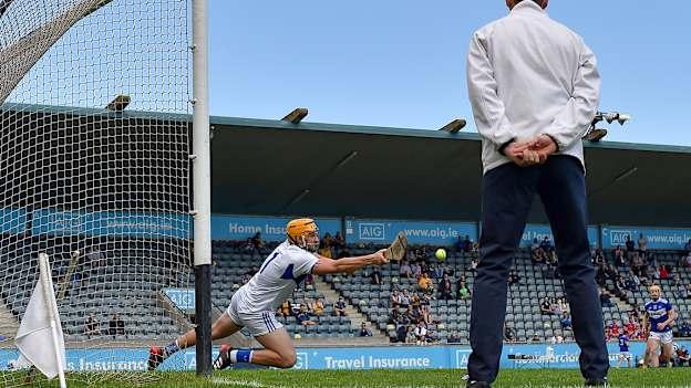 Laois goalkeeper Enda Rowland saves a penalty from Antrim's Neil McManus during the GAA Hurling All-Ireland Senior Championship preliminary round match between Antrim and Laois at Parnell Park in Dublin. Photo by Seb Daly/Sportsfile