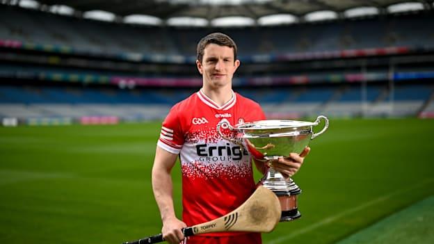 Derry hurler, Cormac O'Doherty, pictured with the Christy Ring Cup. 
