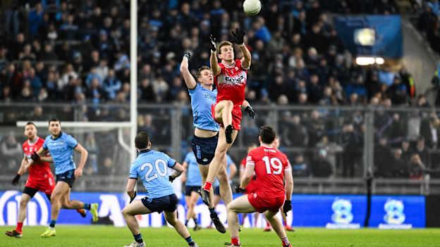 Anton Tohill of Derry in action against Peadar Ó Cofaigh Byrne of Dublin during the Allianz Football League Division 1 match between Dublin and Derry at Croke Park in Dublin. Photo by Daire Brennan/Sportsfile.