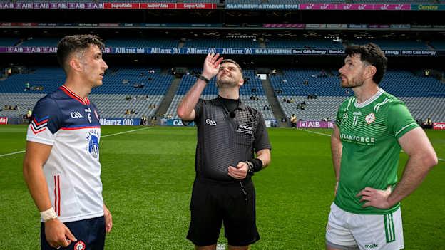 Referee Conor Dourneen tosses a coin between the two captains Dylan Curran of New York and Ryan Forde of London before the 2024 All-Ireland Junior Championship final between London and New York. Photo by Ray McManus/Sportsfile