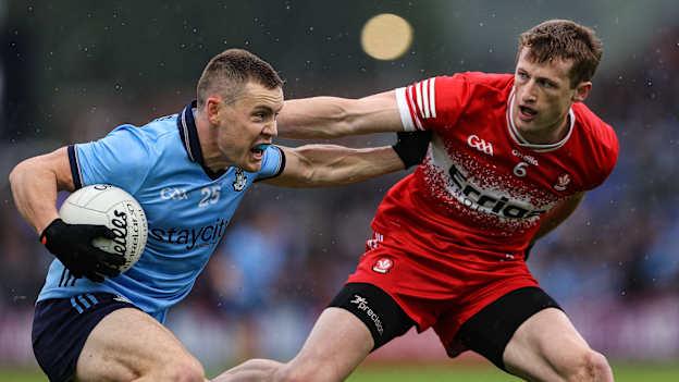 Con O'Callaghan in action against Brendan Rogers of Derry. Photo by Thomas Flinkow/Sportsfile