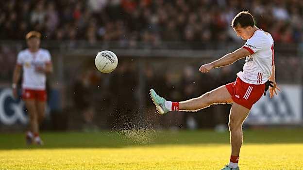 Darragh Canavan of Tyrone scores a point during the All-Ireland SFC Round 2 match between Tyrone and Mayo. Photo by Piaras Ó Mídheach/Sportsfile