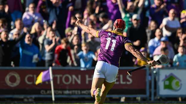 Lee Chin of Wexford celebrates with the supporters after scoring the winning goal against Offaly in this season's Leinster SHC. Photo by Matt Browne/Sportsfile