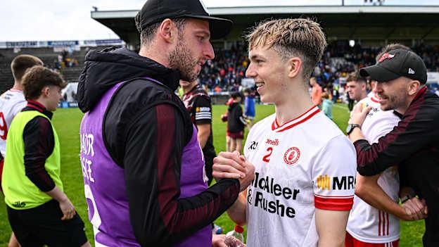 Elliott Kerr of Tyrone and coach Niall Morgan after the Electric Ireland All-Ireland MFC semi-final win over Roscommon. Photo by Seb Daly/Sportsfile
