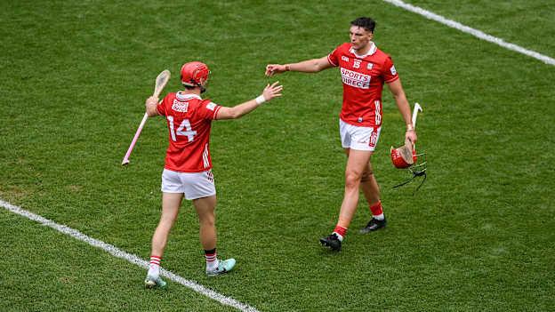 Brian Hayes, right, and Alan Connolly of Cork celebrate. Photo by Stephen McCarthy/Sportsfile