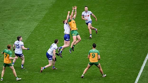 Michael Murphy of Donegal climbs high against Monaghan. Photo by Daire Brennan/Sportsfile